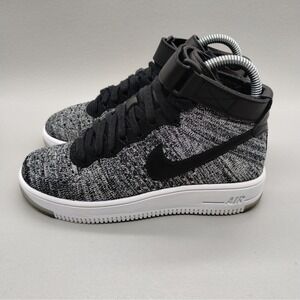 Nike Air Force‎ 1 Flyknit Casual Sneakers Womens Size 6 Black White Hi Top